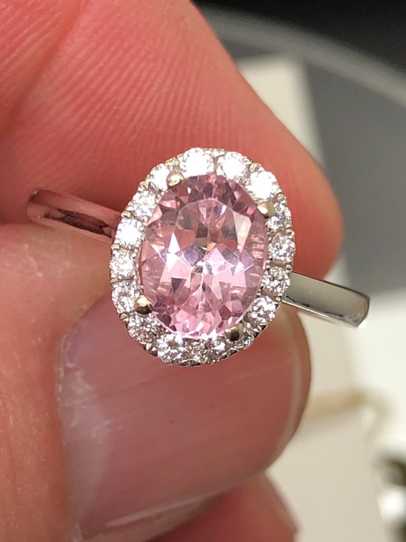 Pink Tourmaline in Diamond Halo setting! 14k white gold, clean white diamonds