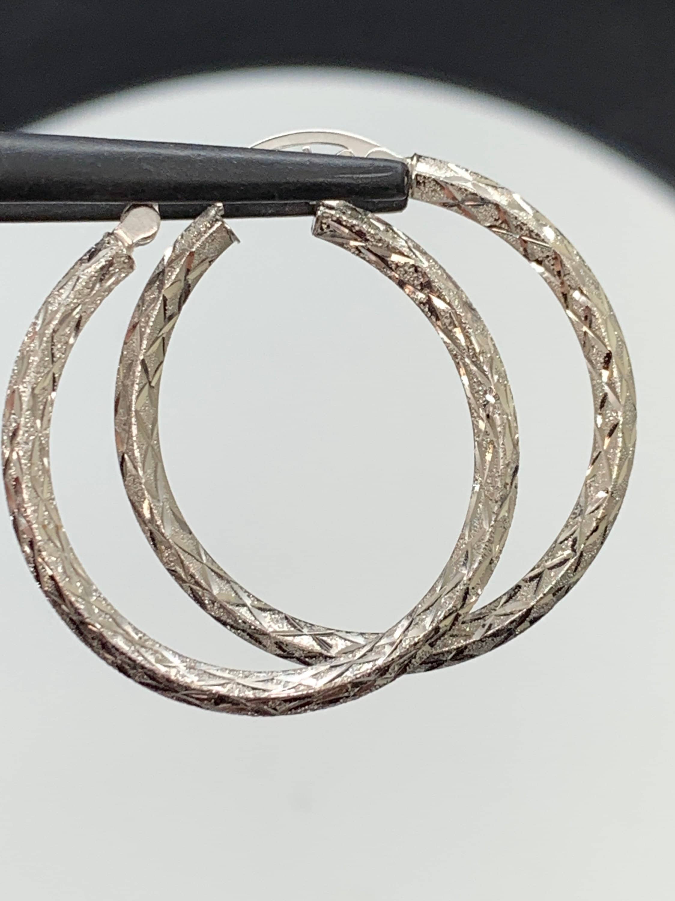 14k White Gold, etched hoops! Beautifully engraved earrings. 30mm