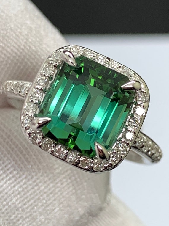 Bluish / green Tourmaline white gold ring with natural diamond accents. 4.75ct Jaba Mine Tourmaline.