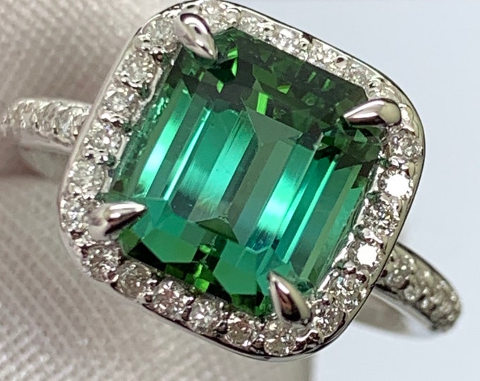 Featured listing image: Bluish / green Tourmaline white gold ring with natural diamond accents. 4.75ct Jaba Mine Tourmaline.