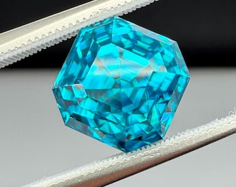 World Class Blue Zircon 6.3ct. Precision asscher cut.