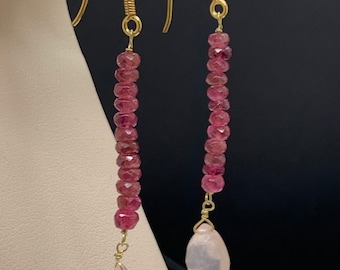 Rubellite and Rose Quartz earrings in 14k gold. Natural gemstone earrings.