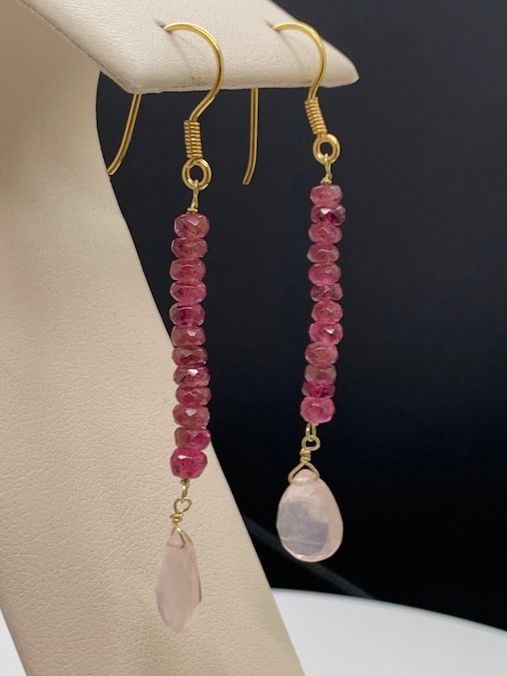Rubellite and Rose Quartz earrings in 14k gold. Natural gemstone earrings.