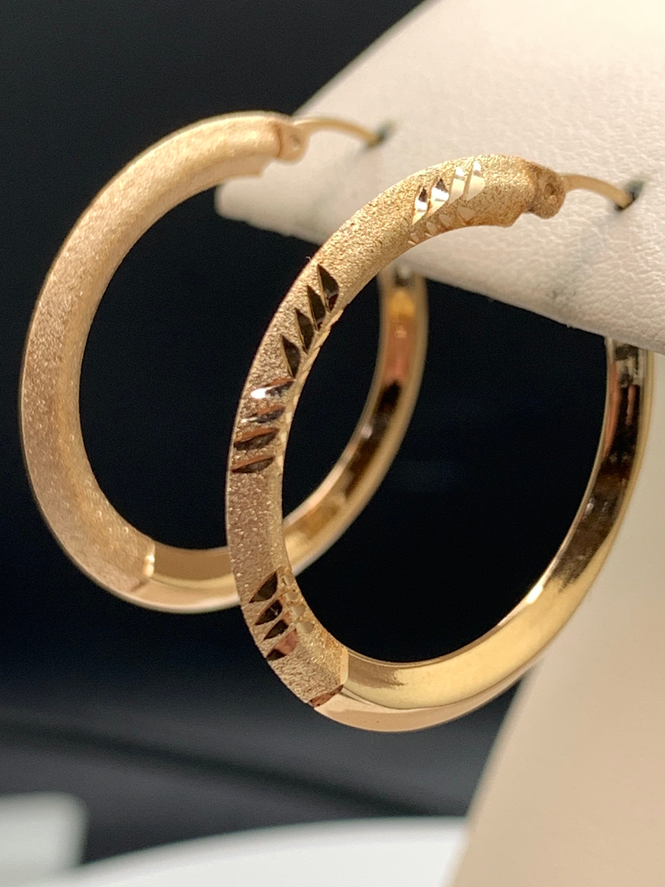 14k etched and textured gold hoop earrings. 25mm