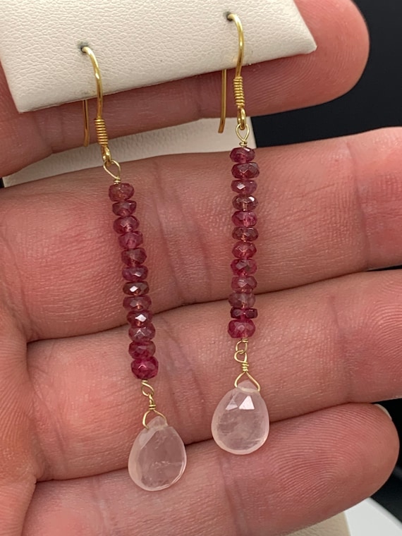 Rubellite and Rose Quartz earrings in 14k gold. Natural gemstone earrings.