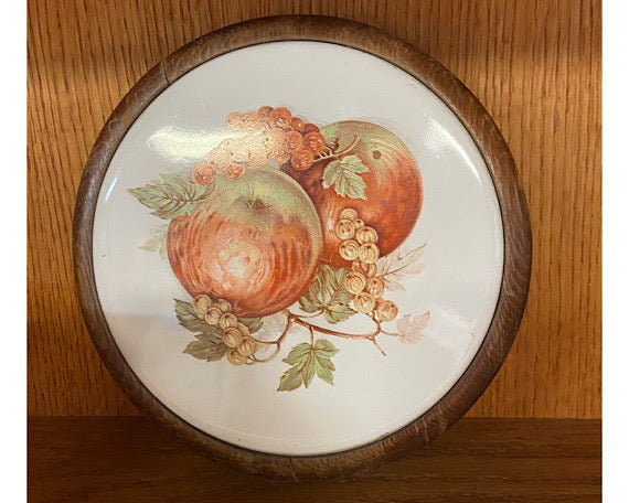 Vintage Ceramic & Wood Trivet With Apple Design - image 1