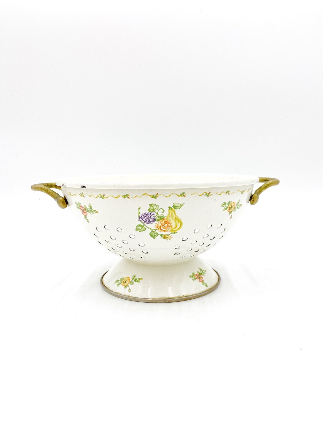 Vintage Enamelware Colander Cream With Orange Flowers Purple Etsy