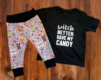 Witch better have my Candy Halloween Outfit Set Joggers/Leggings and shirt or onesie --pumpkin, Cotton, Baby, ghost, spiders