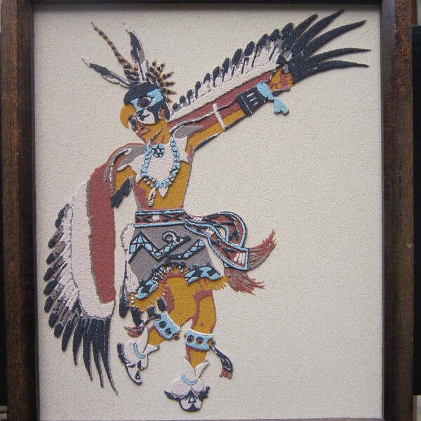 A vintage Navajo sand art titled "The eagle dance ceremony."