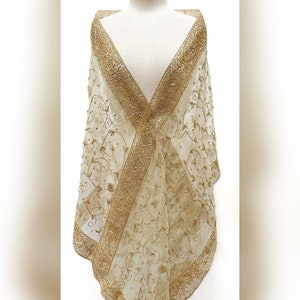 Hand Embroidered Floral Vine Sheer Silk Organza Stole Wrap Shawl Table Runner Light Spring Green Gold