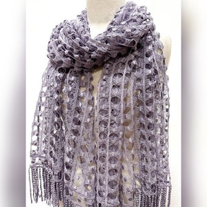 Open Weave Crocheted Shawl Scarf Wrap Runner with Fringe Lavender