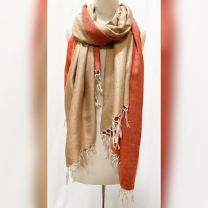 Pure Silk Pashmina Blend Reversible Shawl w/Hand Knotted Fringe Rust Beige