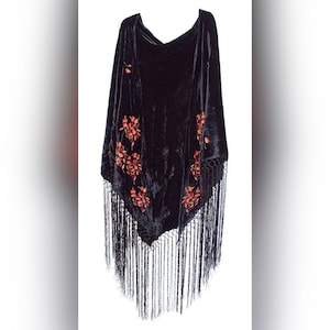 Oversized Floral Embroidered Velvet Paisley Triangle Shawl Scarf Wrap Fringe Black