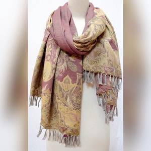 Fossil Paisley Merino Wool Shawl Wrap Stole Scarf Throw Lavender Gold
