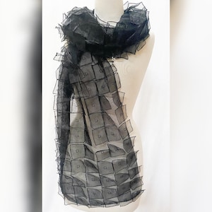 Ella Contemporary Sheer Black Tulle Appliqué Stole Wrap Shawl Scarf