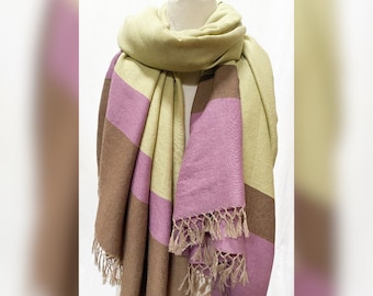Sona Multi Border Stripe Merino Wool Throw Blanket Shawl Wrap Burnt Mint Lavender Brown