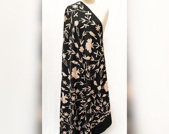 Floral Crewel Embroidered Wool Shawl Wrap Scarf Throw Blush on Black