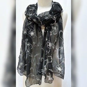 Floral Vine Embroidered Sheer Crinkle Chiffon Scarf Shawl Wrap Stole Black & White