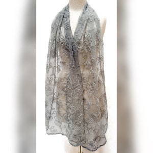 Swirl Appliqué Sheer Tulle Scarf Stole Shawl Runner Gray