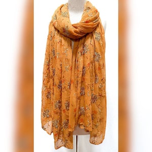 Vintage Floral Embroidered Sheer Georgette Shawl Saffron Orange