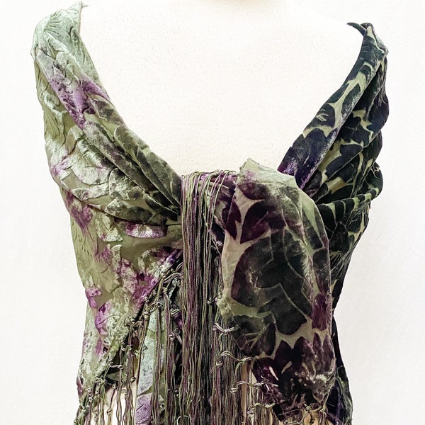 Hand Dyed Classic Floral Burnout Cut Velvet Gypsy Shawl Scarf Wrap Topper Fringe Peacock Evergreen Purple