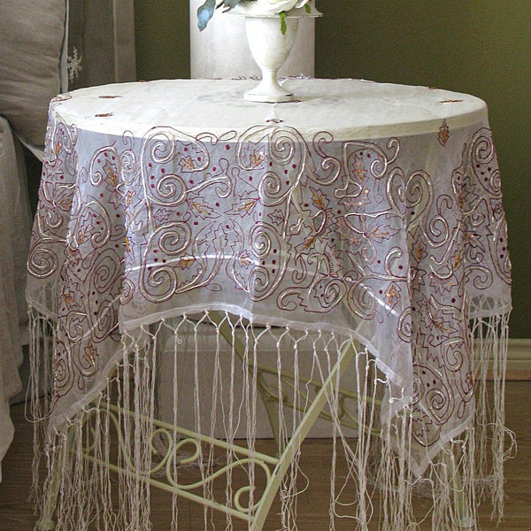 Fringed Tinsel Swirl Sheer Silk Organza Tablecloth Table Square Piano Shawl Ivory White Burgundy