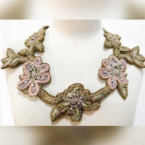 Handmade Mina Floral & Leaf Fabric Bib Necklace Soft Jewelry Olive Green Pink