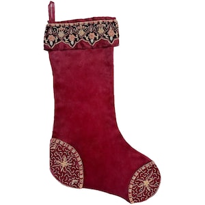 Hand Embroidered Silk Christmas Stocking with Velvet Appliqué Burgundy Red Gold