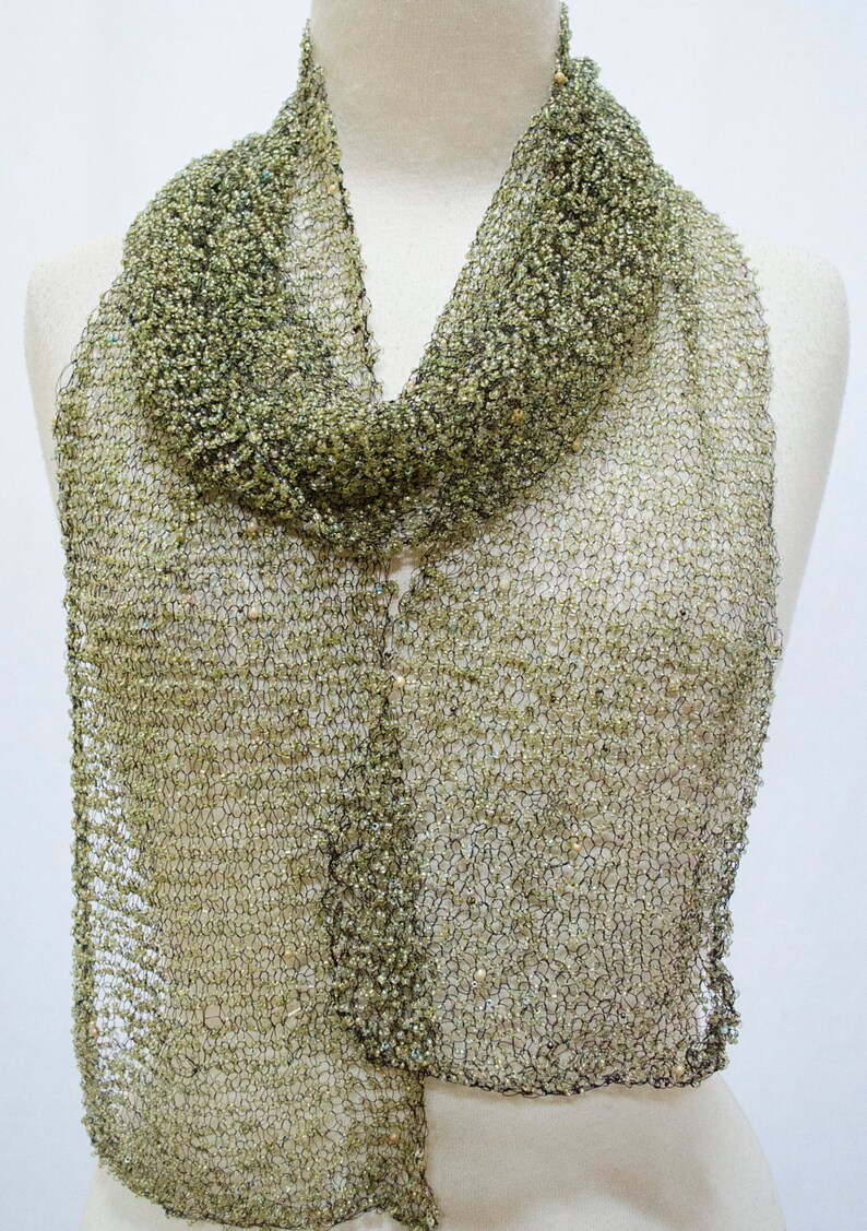 Glimmer Beaded Mesh Net Scarf Stole Wrap Shawl Olive Green Etsy