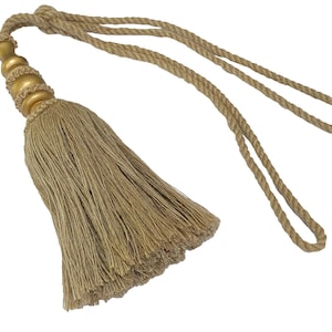 Large 12 inch Jute Tassel for Curtain Drapery Tieback or Wall Hangings with Gold Leaf Finial Natural Dark Beige