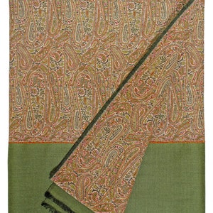 Classic Hand Loomed Paisley Wool Jamawar Throw Shawl Wrap Multi Green Border