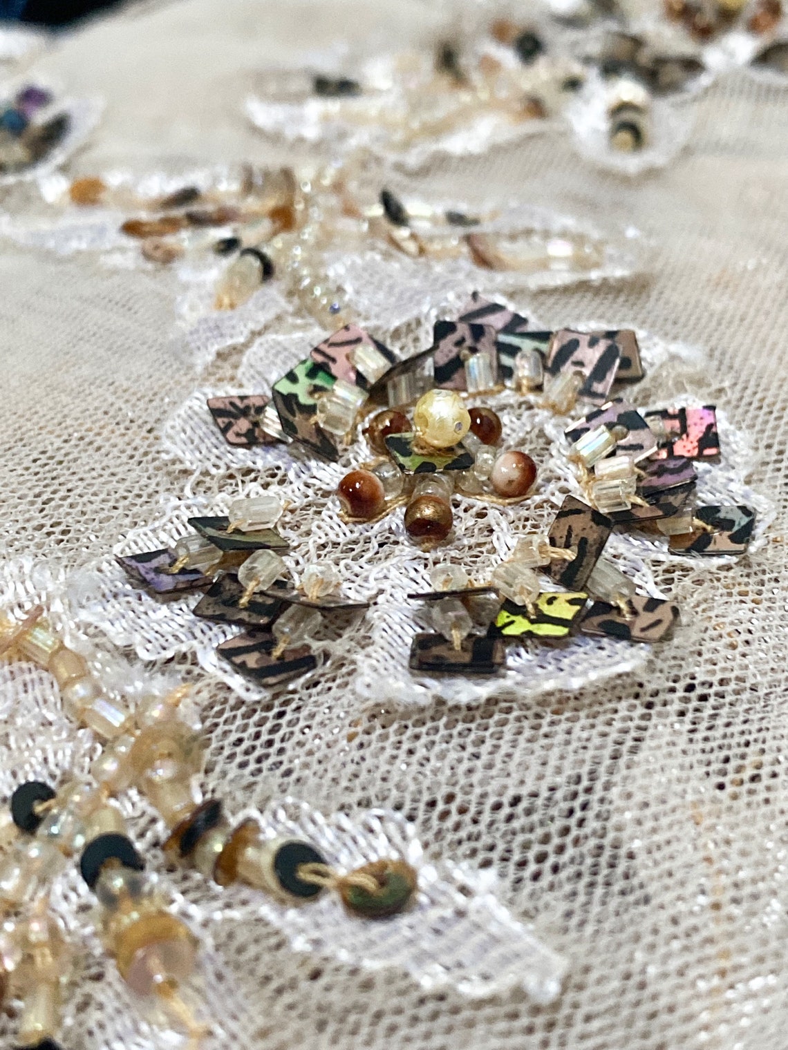 Sequin-Embellished Geometric Circle Appliqué Embroidered Lace with Scalloped Edge & Sheer Mesh