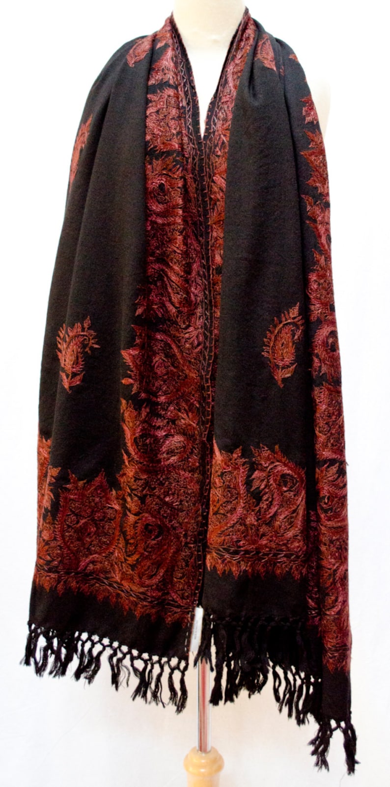 Paisley Embroidered Kashmir Wool Shawl Stole Scarf Wrap Throw Etsy