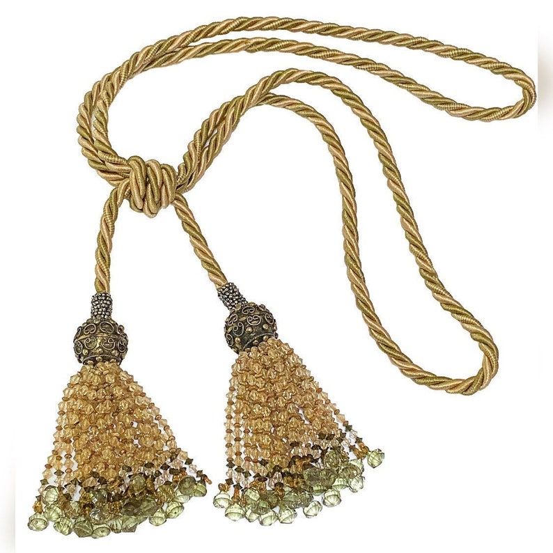 Large 6 Inch Beaded Double Tassel Curtain Drapery Tieback Wall Hanging Accent With Cord Gold