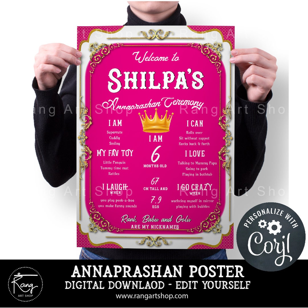Yellow Rice Ritual Poster Custom Annaprashan Poster Pink - Personalised Poster Baby's 6 Month ...