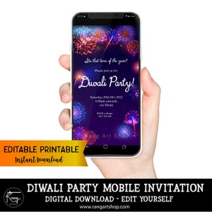 Diwali Invite - Diwali Invitation - Diwali Mobile Phone Invite - Diwali Party Invitation- Diwali Edit Yourself, DIY