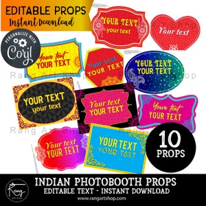 May include: A selection of ten Indian photobooth props with editable text, in various shapes and colours. The props include text that reads "Your Text" and are available for instant download. The image also includes the text "Editable Props" and "Indian Photobooth Props".