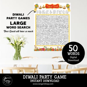Diwali Party Games - Large Poster Word Search 50 words - Diwali Activities for Adults & Kids - Desi Indian holiday party fun activity