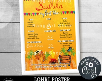 First Lohri - Personalised Baby Milestone Poster Yellow Lohri Party Decoration - Indian Festival - Punjabi Party Printable Lohri Oneise