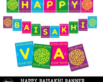 Happy Vaisakhi oder Baisakhi Banner Punjabi Party Dekoration - Indian Festival Bunte Wimpelkette - Bollywood Theme Requisiten Party Printable