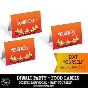 Rótulos de alimentos editáveis de Diwali - Cartão de barraca de Diwali - Cartão de buffet de festa de Diwali, etiquetas de alimentos, cartão de barraca com tema indiano, rótulos de comida indiana