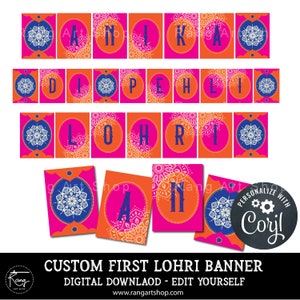 Custom First Lohri Banner - Lohri Punjabi Party Printable - Indian Festival Colourful Bunting - Digital Download Edit Yourself