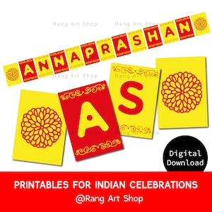 Annaprashan Banner Red Yellow Bunting - Indian Celebrations - Desi Party Printable - Hindi - First Rice Eating Ceremony - DIGITAL DOWNLOAD