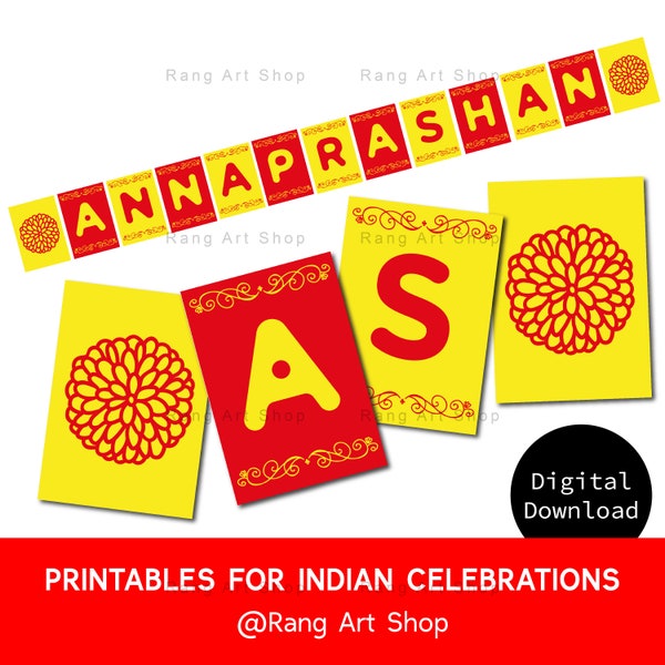 Annaprashan Banner rot gelb Wimpelkette - Indische Feiern - Desi Party zum Ausdrucken - Hindi - Erste Reisessen Zeremonie - DIGITAL DOWNLOAD