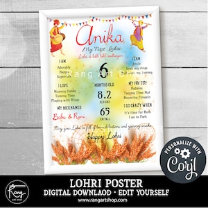 First Lohri - Personalised Baby Milestone Poster Lohri Party Decoration - Indian Festival - Punjabi Party Printable Happy Lohri banner