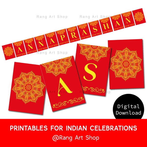 Annaprashan Banner Rot Mandala - Indische Feiern - Desi Party zum Ausdrucken - Baby's 6 Monate erste Reis Esszeremonie - DIGITAL DOWNLOAD
