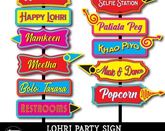 Lohri Party Richtungsschilder - Set von 11 - Happy Lohri - Punjabi DIY Party Schilder Bollywood Desi, Indisch