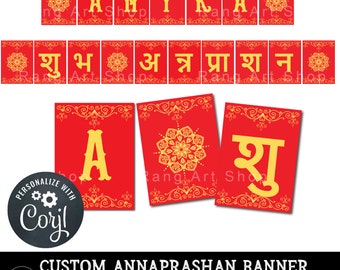 Custom Hindi Annaprashan Banner Red - Personalised Baby's 6 Month First Rice Eating Ceremony -Indian Desi - Digital Download - Edit Yourself