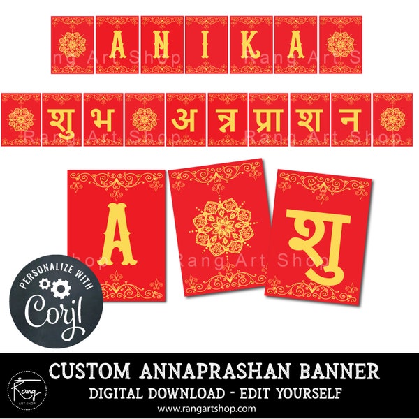 Custom Hindi Annaprashan Banner Red - Personalised Baby's 6 Month First Rice Eating Ceremony -Indian Desi - Digital Download - Edit Yourself