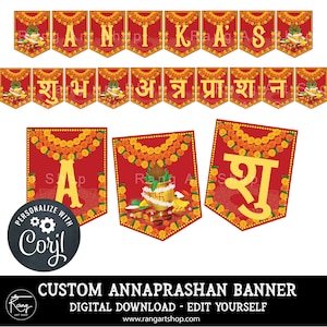 Custom Hindi Annaprashan Banner Red - Personalised Baby&#39;s 6 Month First Rice Eating Ceremony -Indian Desi - Digital Download - Edit Yourself